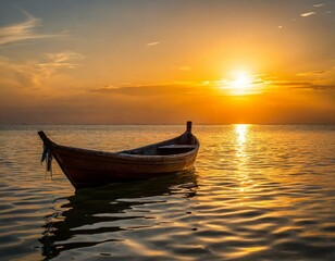 A wooden brown boat in middle of sea water and sunset red and orange beautiful sky with refl
