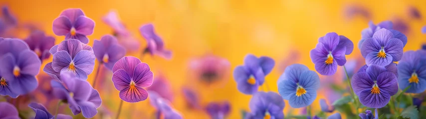 Foto op Canvas Panorama of  delicate purple pansies against an orange background with soft golden glow illuminating petals.  Pansies with yellow glow, springtime mood and warm color palette, blurred garden backdrop. © Moldova-Film