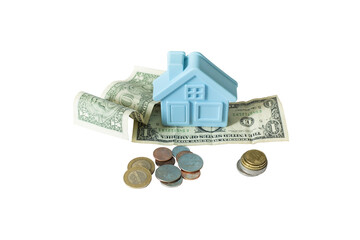 mockup of a blue plastic house and old worn paper $1 bills and coins . Isolate on transparent. PNG format available