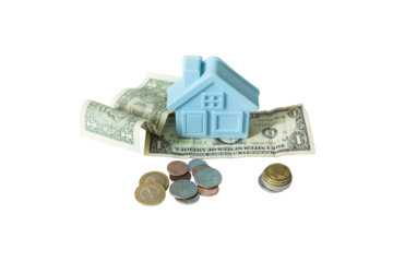 mockup of a blue plastic house and old worn paper $1 bills and coins . Isolate on transparent. PNG format available