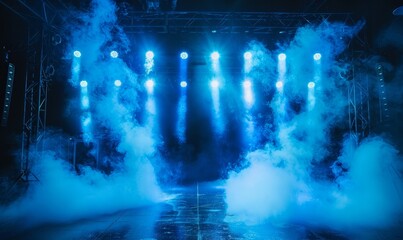 illuminated stage with blue lights and smoke on black background, Generative AI
