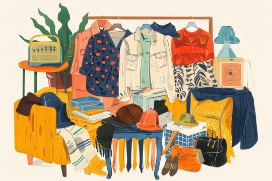 An illustration featuring a range of upcycled items, from transformed furniture to repurposed clothing and decorative pieces, inspiring creativity and resourcefulness in reducing waste.