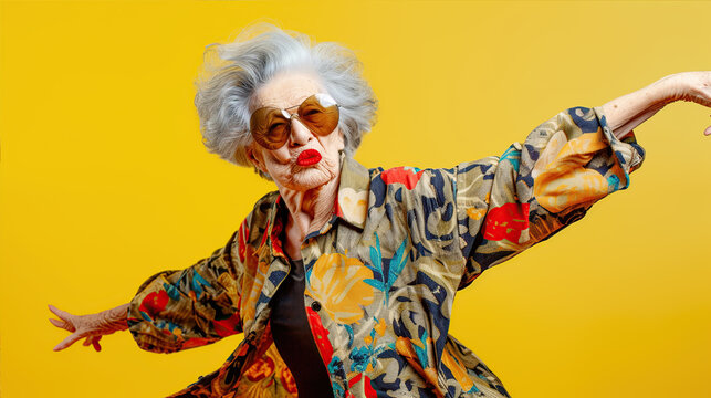 An old fashionable woman is dancing a modern dance. She is wearing bright clothes and makeup, a yellow studio background - Powered by Adobe