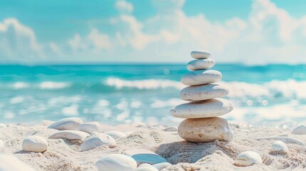 Vacation relax summer holiday travel tropical ocean sea panorama landscape stack of round pebbles stones on the sandy sand beach, with ocean in the background Mental Health Practice harmony balance.