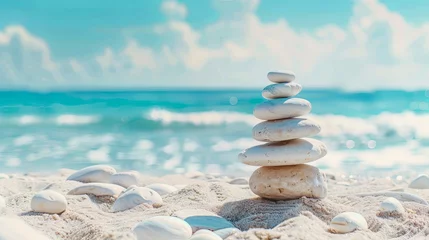 Outdoor kussens Vacation relax summer holiday travel tropical ocean sea panorama landscape stack of round pebbles stones on the sandy sand beach, with ocean in the background Mental Health Practice harmony balance. © Sittipol 