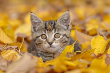 Naklejka na ściany i meble kitten playing in yellow autumn leaves, Generative AI