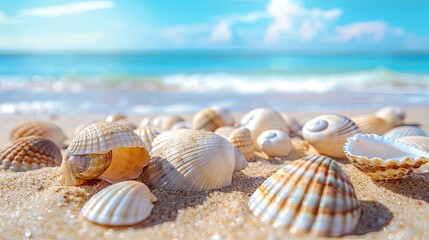 Fototapeta na wymiar Vacation summer holiday travel tropical ocean sea panorama landscape - Close up of many seashells, sea shell on the sandy beach, with ocean in the background Mental Health Practice.