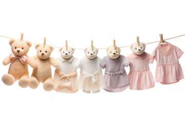 Playful Teddy Bears Dancing on a Clothes Line. On a White or Clear Surface PNG Transparent Background.
