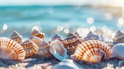 Fototapeta na wymiar Vacation summer holiday travel tropical ocean sea panorama landscape - Close up of many seashells, sea shell on the sandy beach, with ocean in the background Mental Health Practice.