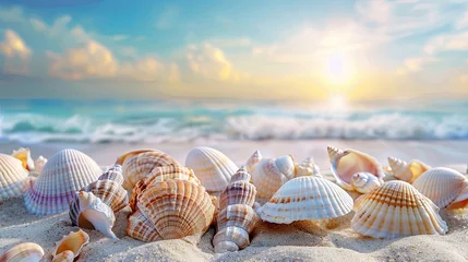 Foto op Canvas Vacation summer holiday travel tropical ocean sea panorama landscape - Close up of many seashells, sea shell on the sandy beach, with ocean in the background Mental Health Practice. © Sittipol 