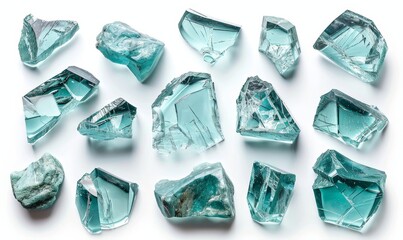 broken glass pieces set isolated on white or white background, clipping path, Generative AI