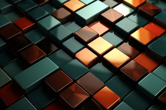 geometric high-tech 3D background with various shapes and neon, gold, green and peach colors