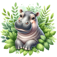 Cute hippo watercolor clipart with transparent background - 767770112