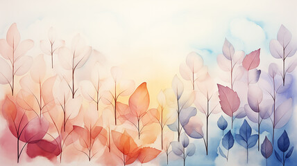 Colorful autumn leaves in pastel, watercolor-style background postcard