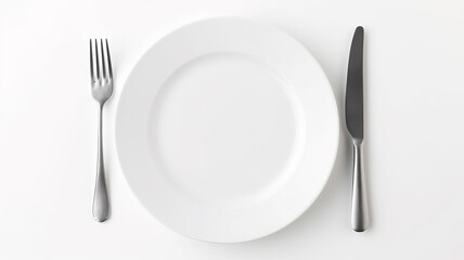 A white empty round plate on a white background with a knife and fork, an image of a table setting with copy space