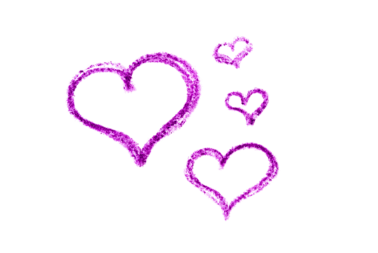 A set of purple hearts drawn in pencil on transparent background.