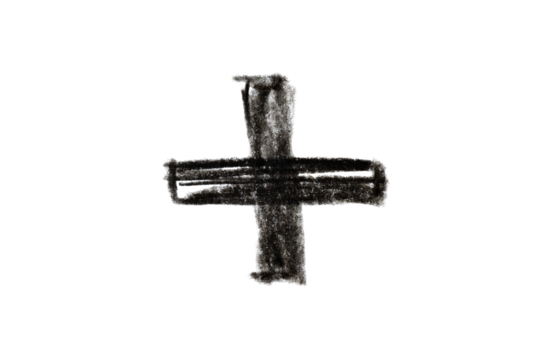 A simple black pencil sketch of a plus sign isolated on a transparent background. Perfect for various design projects requiring a minimalist yet impactful graphic element.