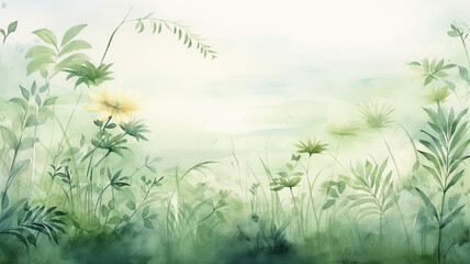 Wildflowers on a green background, greeting card in watercolor style