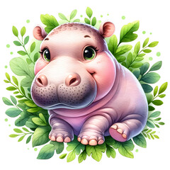 Cute hippo watercolor clipart with transparent background - 767770397