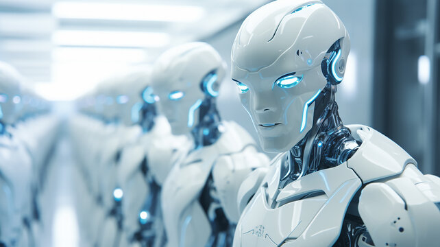 Lots of white futuristic robots lined up in a row