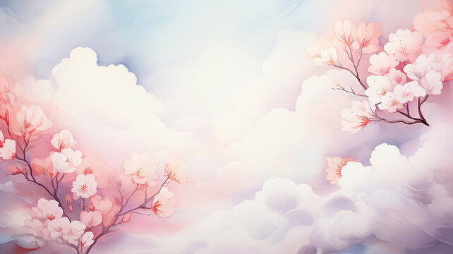 Blooming branches of trees in spring on a soft pink background, greeting card in watercolor style