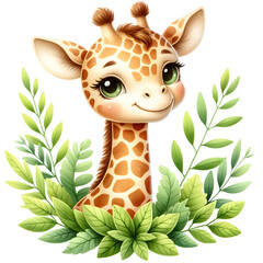 Cute giraffe watercolor clipart with transparent background - 767770500