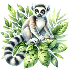 Cute jungle lemur watercolor clipart with transparent background - 767770506