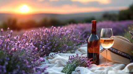 A bottle of wine and a glass stand on a blanket in a lavender field