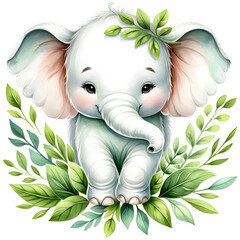 Cute elephant watercolor clipart with transparent background - 767770572