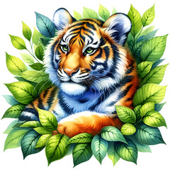Cute jungle tiger watercolor clipart with transparent background - 767770574