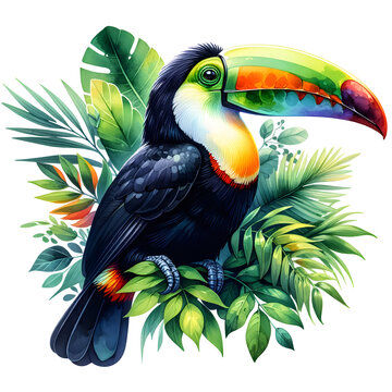 colorful toucan bird perched tropical leaves clip art preview