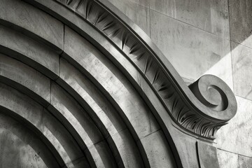 A black and white capture of an Art Deco building showcasing intricate designs and patterns on the facade
