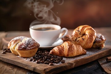 A closeup shot of a cup of coffee and croissants placed on a wooden board