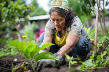 A woman is kneeling down in the dirt, tending to plants and gardening in a community development project