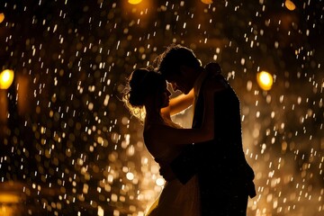 A bride and groom kissing passionately in a rain shower - Powered by Adobe