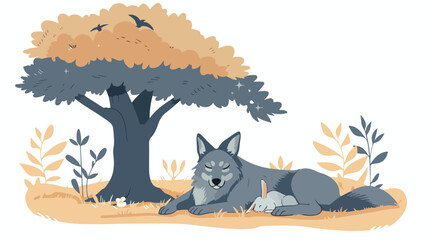 Illustration of wolf hunt a rabbit sleeping under a tree