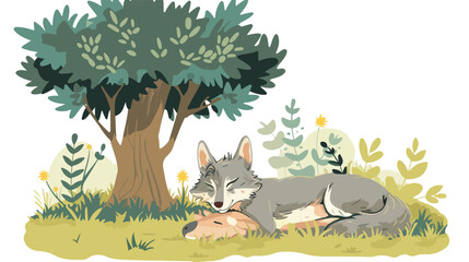 Illustration of wolf hunt a rabbit sleeping under a tree