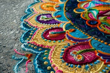 Detailed view of a vibrant rangoli design created on the ground for Diwali celebrations
