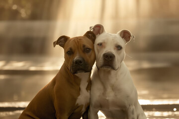 Two dogs are sitting next to each other, one brown and one white