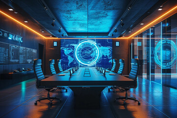futuristic coworking space office and boardroom with lots of technology and spaceship look and command console
