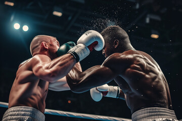 two combatants in a boxing evening hit each other, shedding a lot of sweat in a spectacle of violence - obrazy, fototapety, plakaty