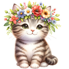 Cute floral tabby cat watercolor clipart with transparent background - 767772129