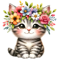Cute floral tabby cat watercolor clipart with transparent background - 767772137