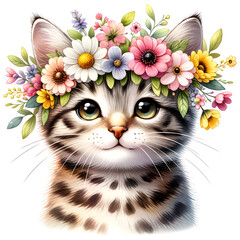 Cute floral tabby cat watercolor clipart with transparent background - 767772157