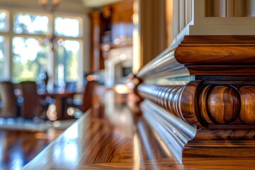 Detailed view of a wooden railing in a residential interior setting