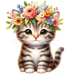Cute floral tabby cat watercolor clipart with transparent background - 767772198