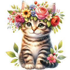 Cute floral tabby cat watercolor clipart with transparent background - 767772320
