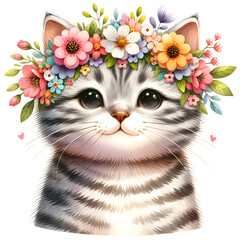 Cute floral tabby cat watercolor clipart with transparent background - 767772328