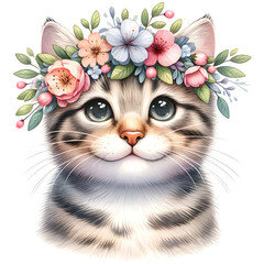 Cute floral tabby cat watercolor clipart with transparent background - 767772354