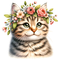 Cute floral tabby cat watercolor clipart with transparent background
